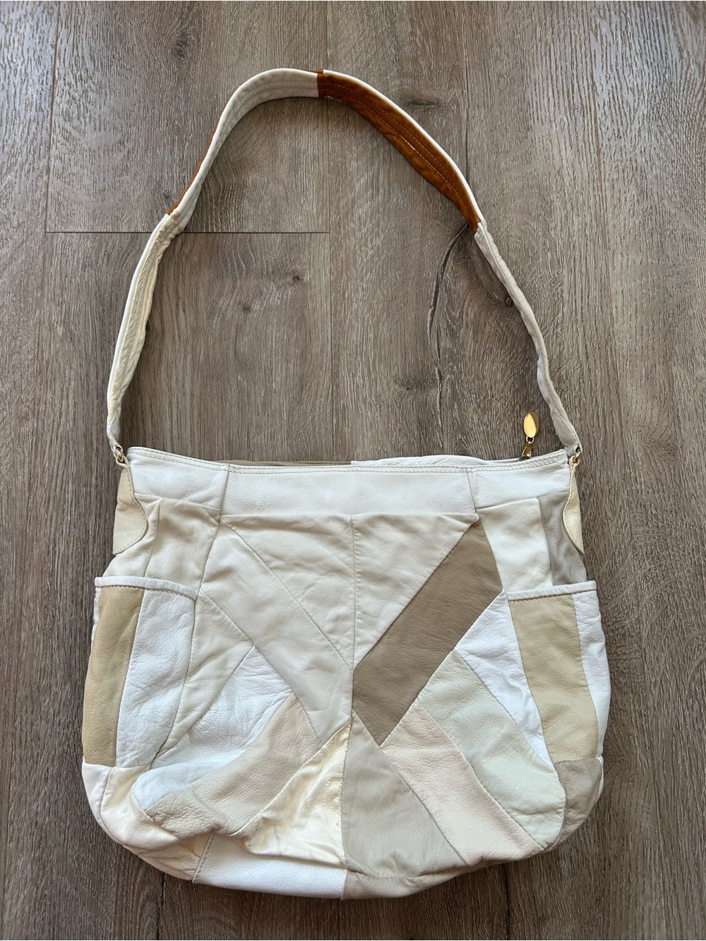 Neutral Beige Patchwork 100% Leather Shoulder Bag - Cream & Tan